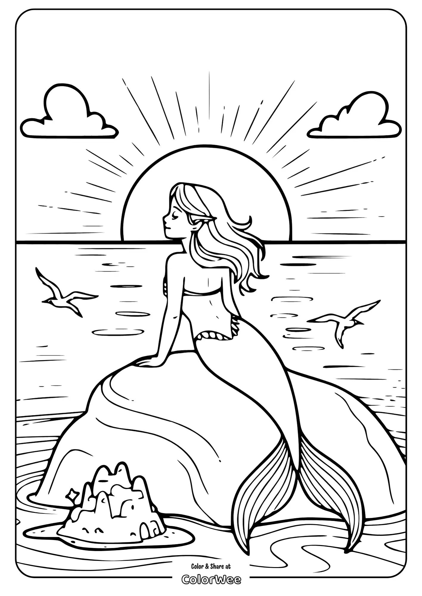 Mermaid on rock with sunset background coloring page.