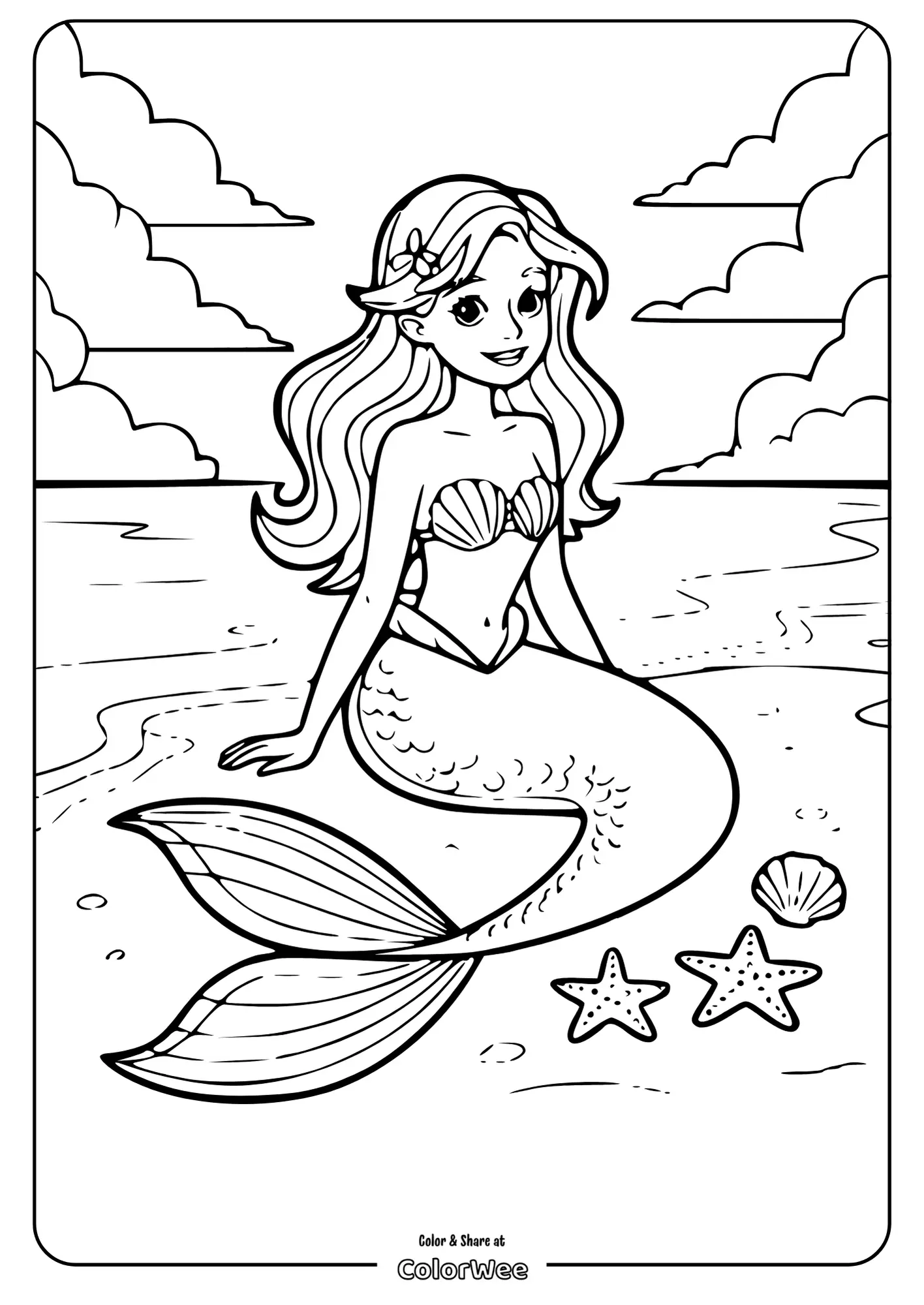 Mermaid Coloring Page with Seashells and Starfish on Beach
