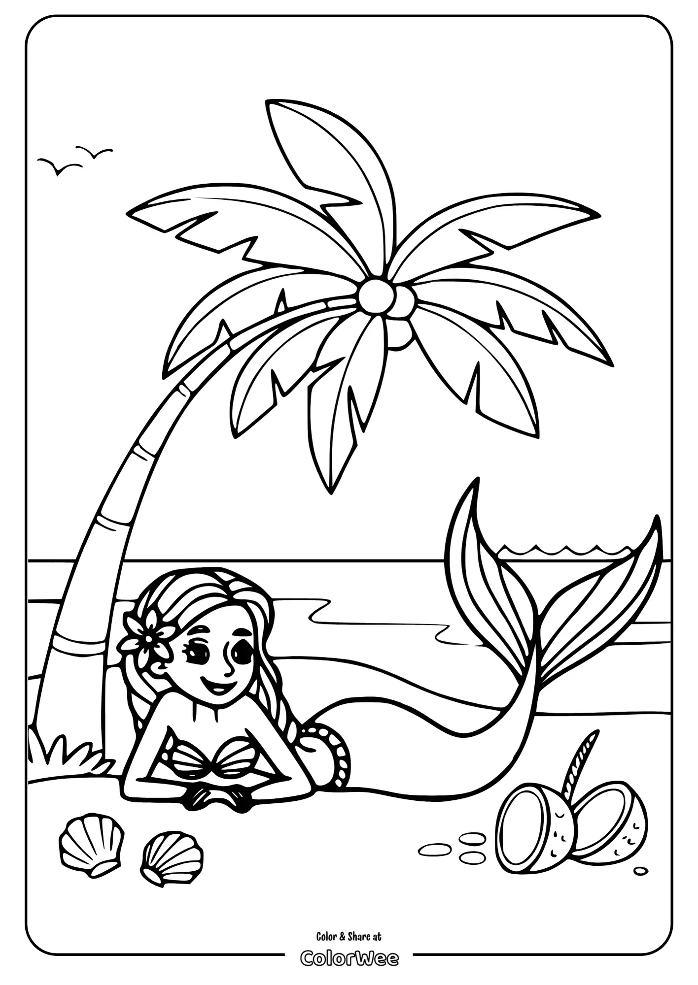 Mermaid relaxing under a palm tree by the beach - coloring page.