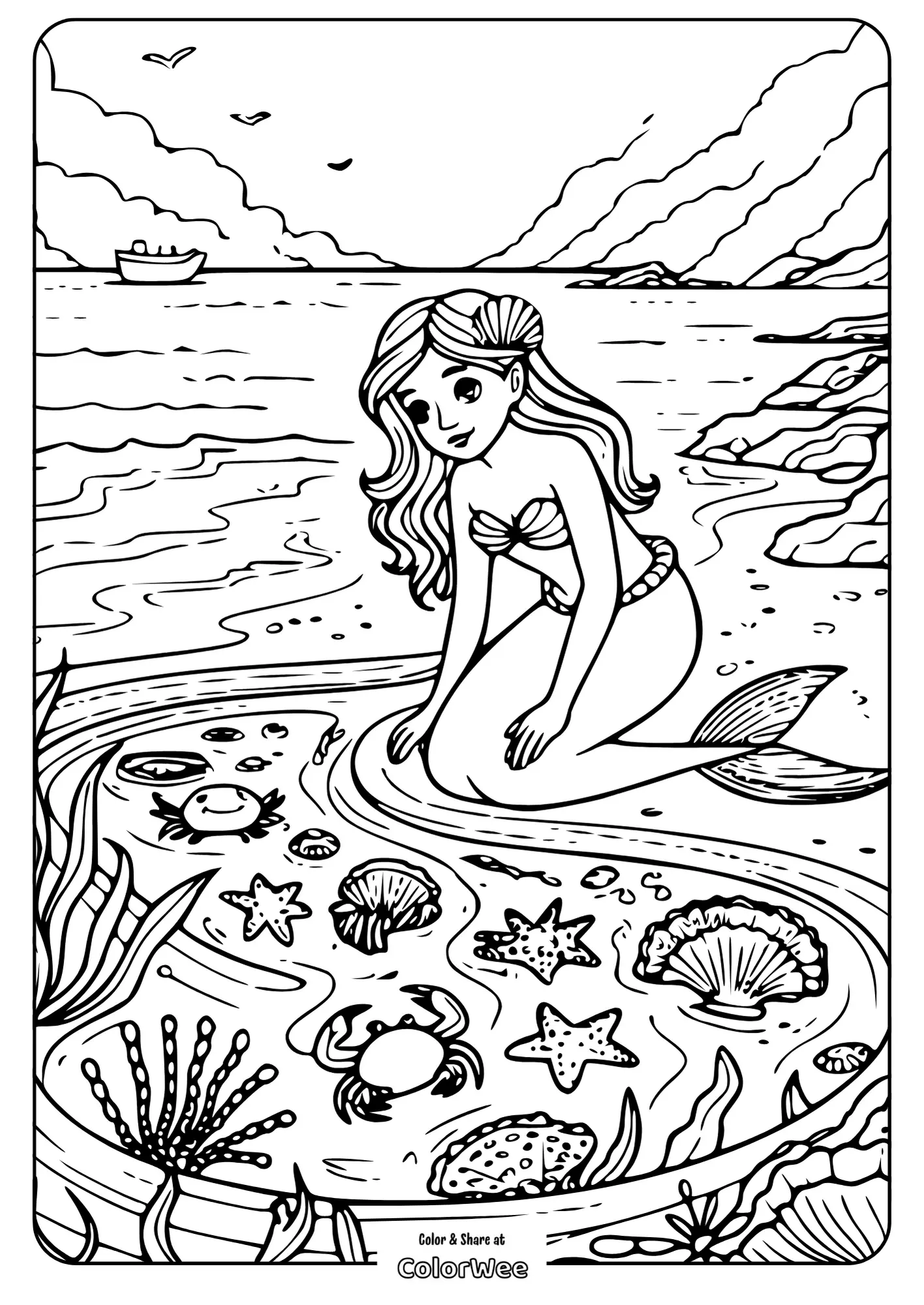 Mermaid coloring page with sea creatures and ocean backdrop.