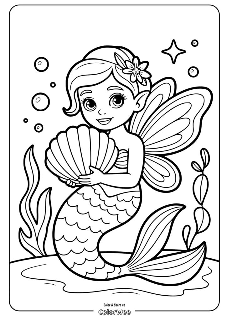 Mermaid fairy holding a shell, underwater coloring page.