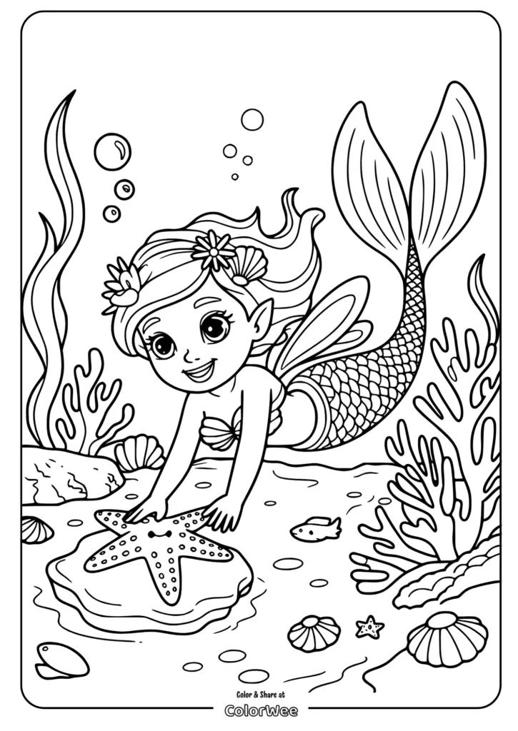 mermaid fairy playing with starfish Mermaid coloring page with starfish and ocean scene.