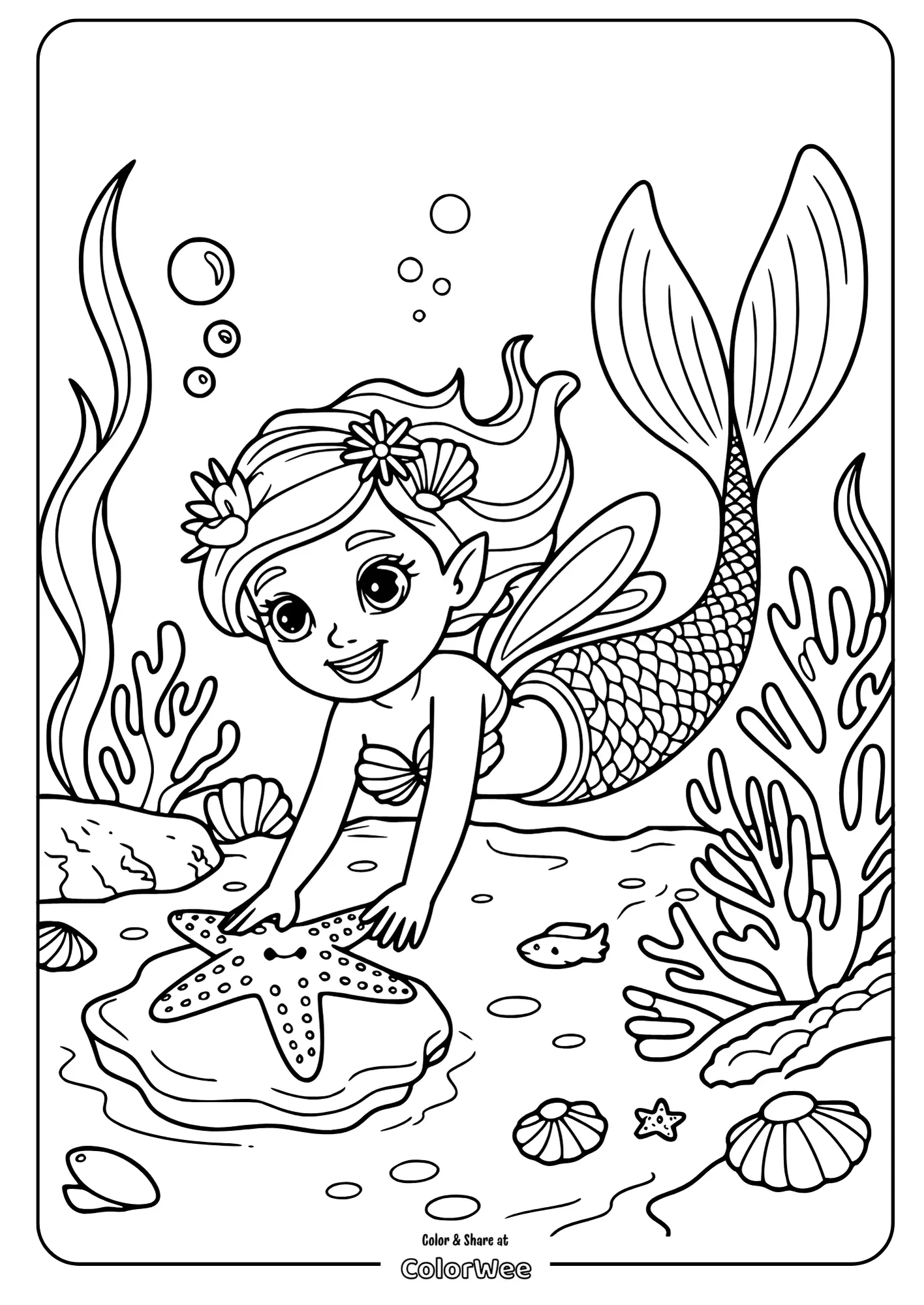 Mermaid coloring page with starfish and ocean scene.