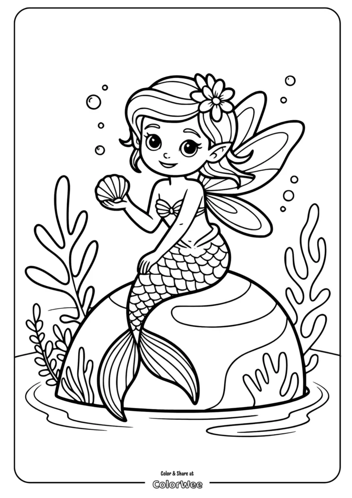 Cute mermaid fairy on a rock with seashell coloring page.