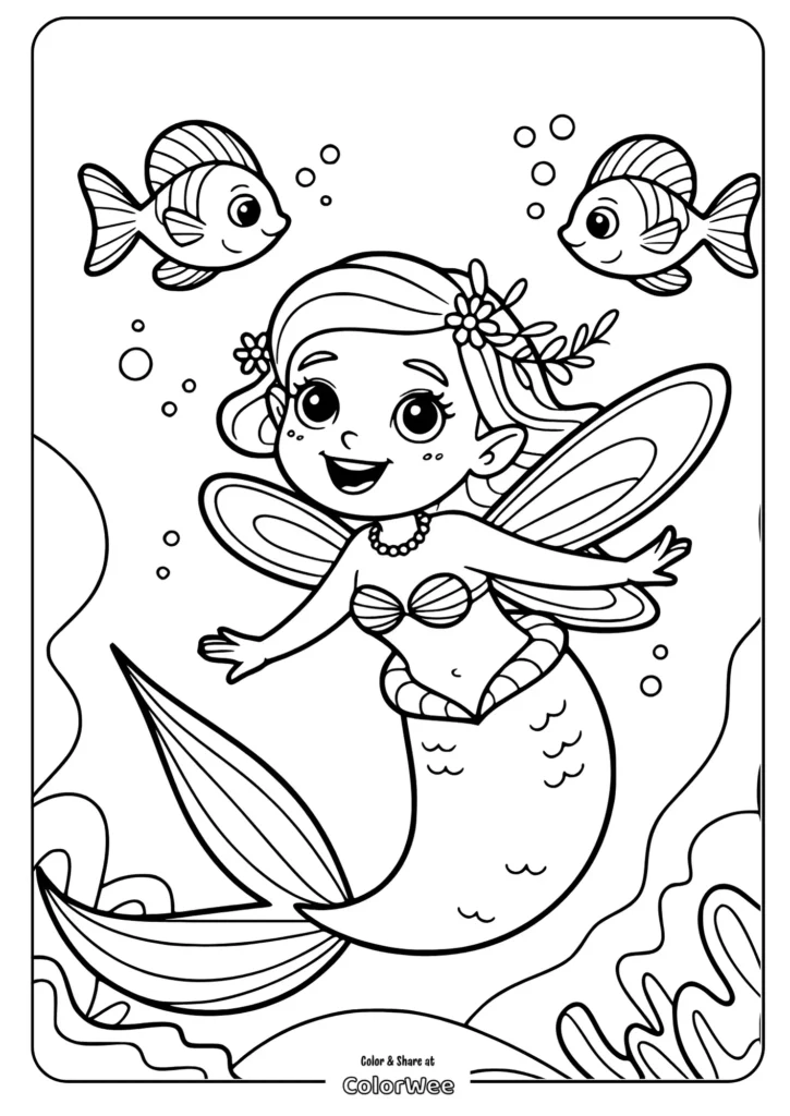 Coloring page of a mermaid fairy with fish and sea plants.