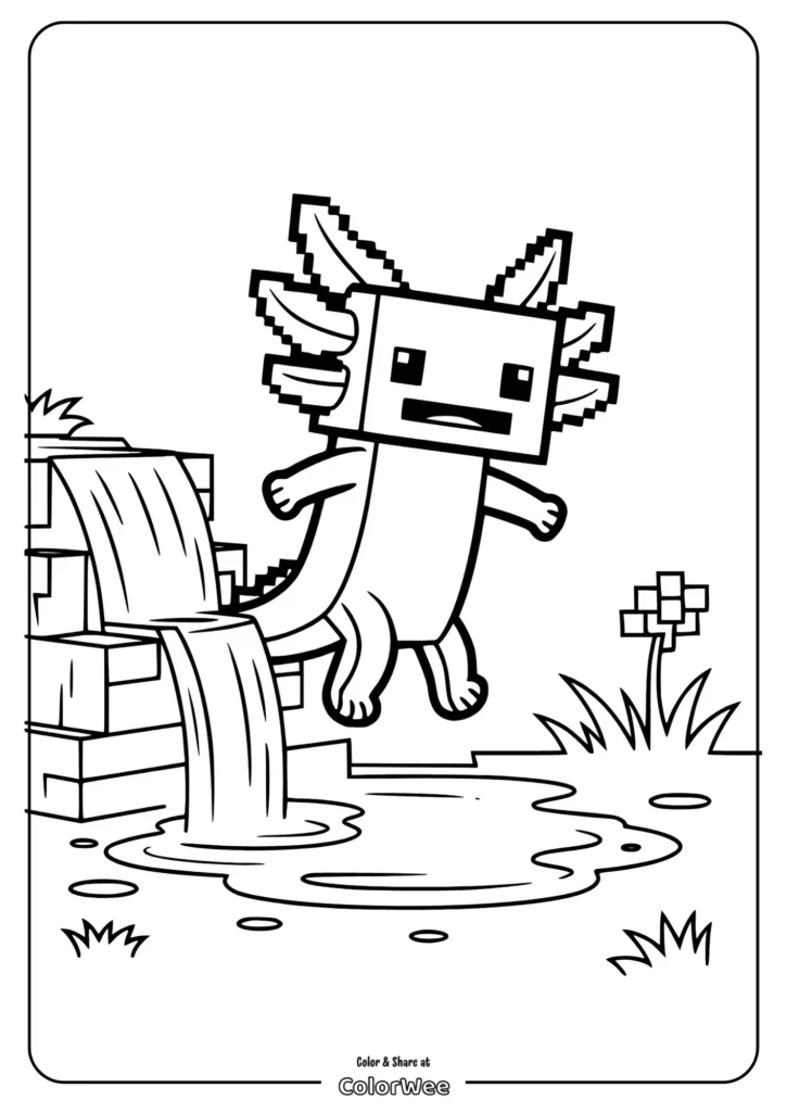 minecraft axolotl playing near a small waterfall Pixelated creature by waterfall in coloring page.