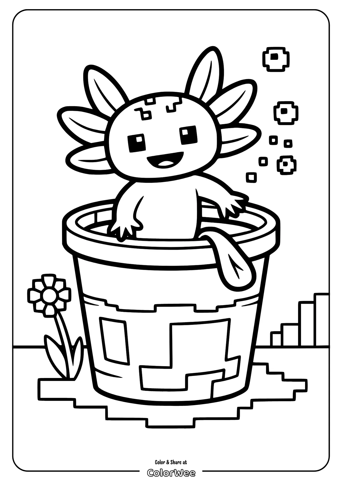 Axolotl in flower pot coloring page with digital blocks and garden.