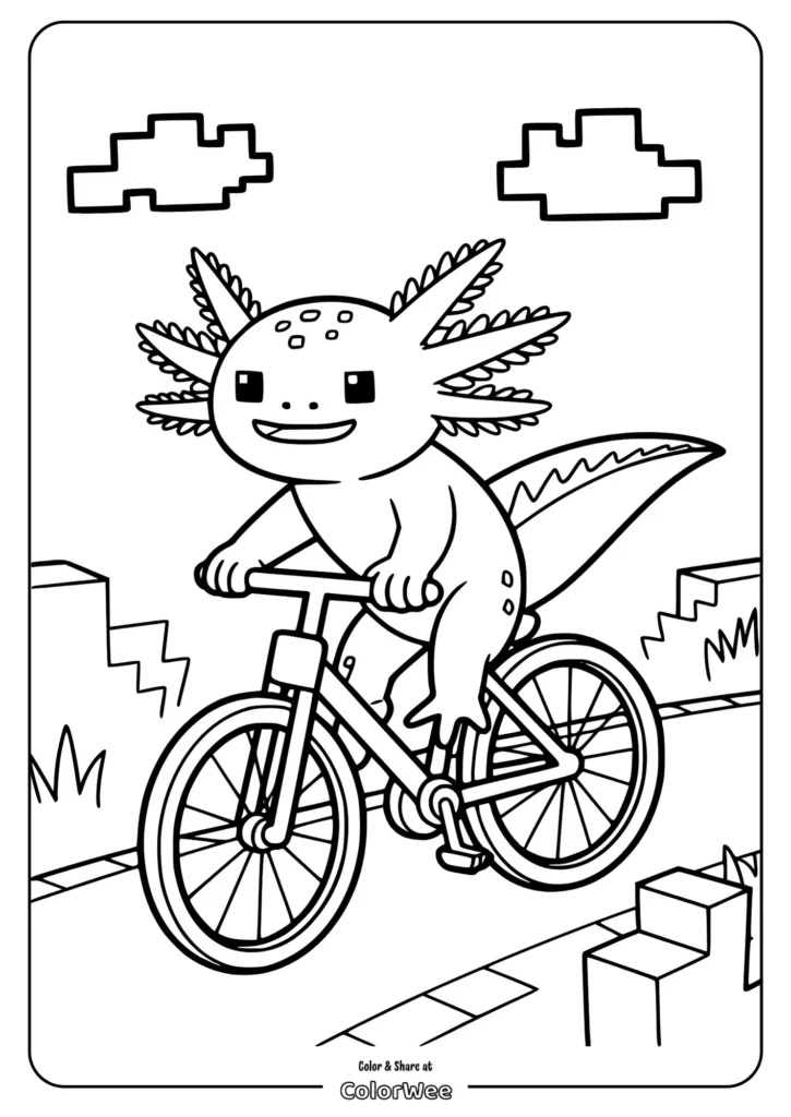 minecraft axolotl riding a bike Axolotl biking coloring page for kids. Fun and creative activity.