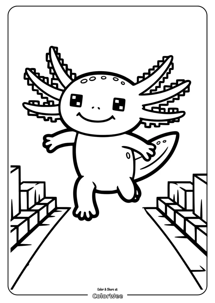 minecraft axolotl running on a simple road Axolotl coloring page for kids with fun city background.