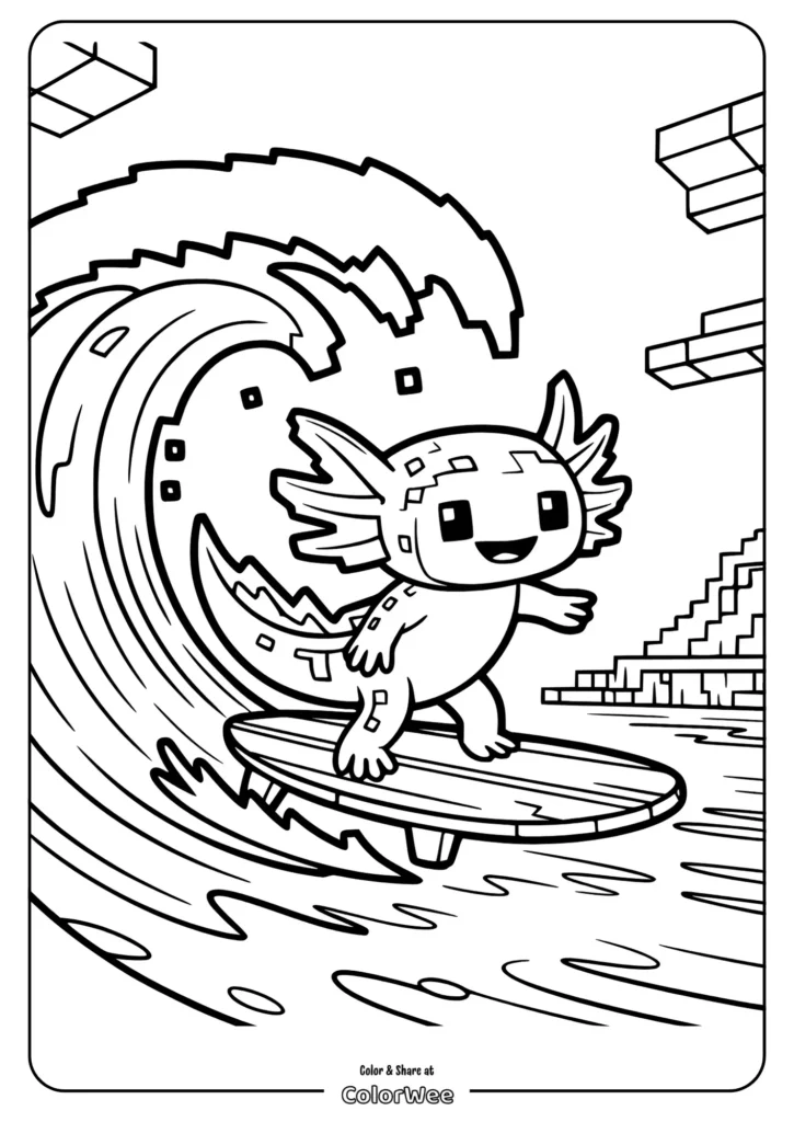 minecraft axolotl surfing the pixel wave Surfing axolotl on pixelated wave coloring page.