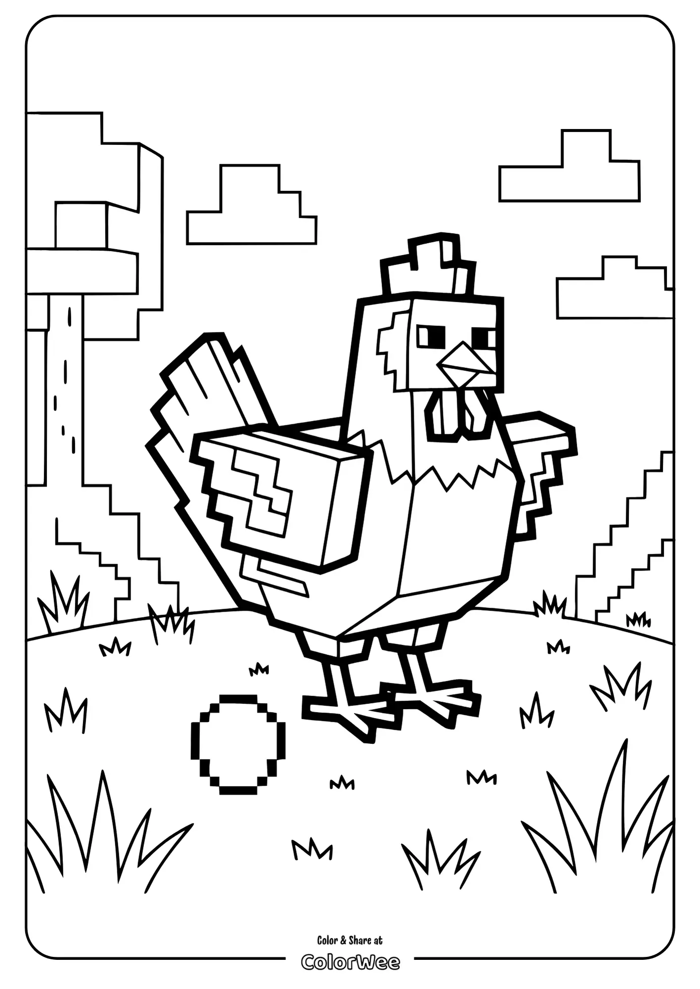 minecraft chicken pixel grassland 1 Pixelated chicken coloring page for kids to enjoy.