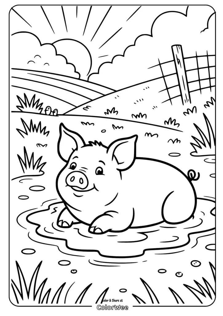 Cute pig in a mud puddle coloring page for kids