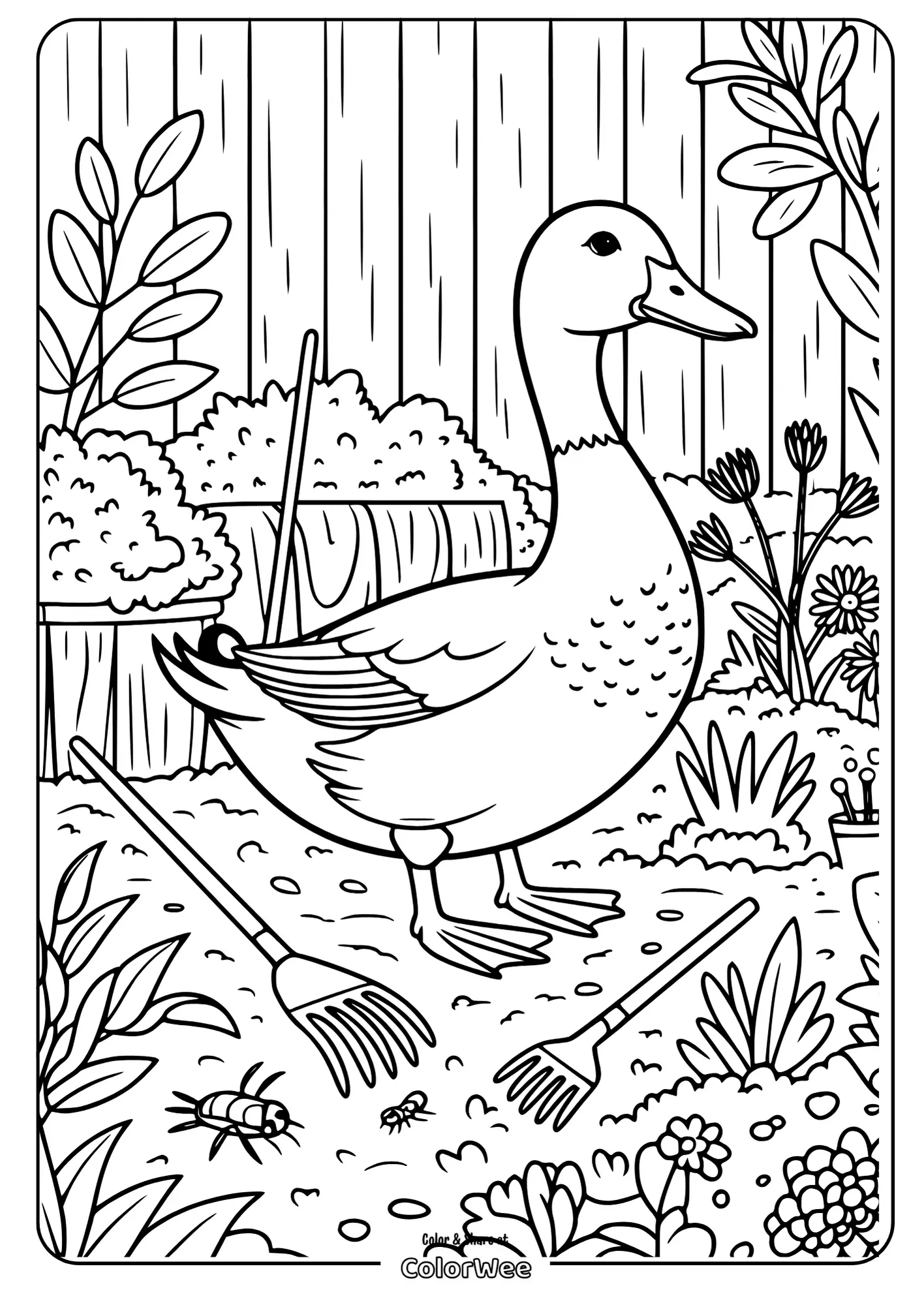 Duck in a Garden Coloring Page with Rakes and Flowers