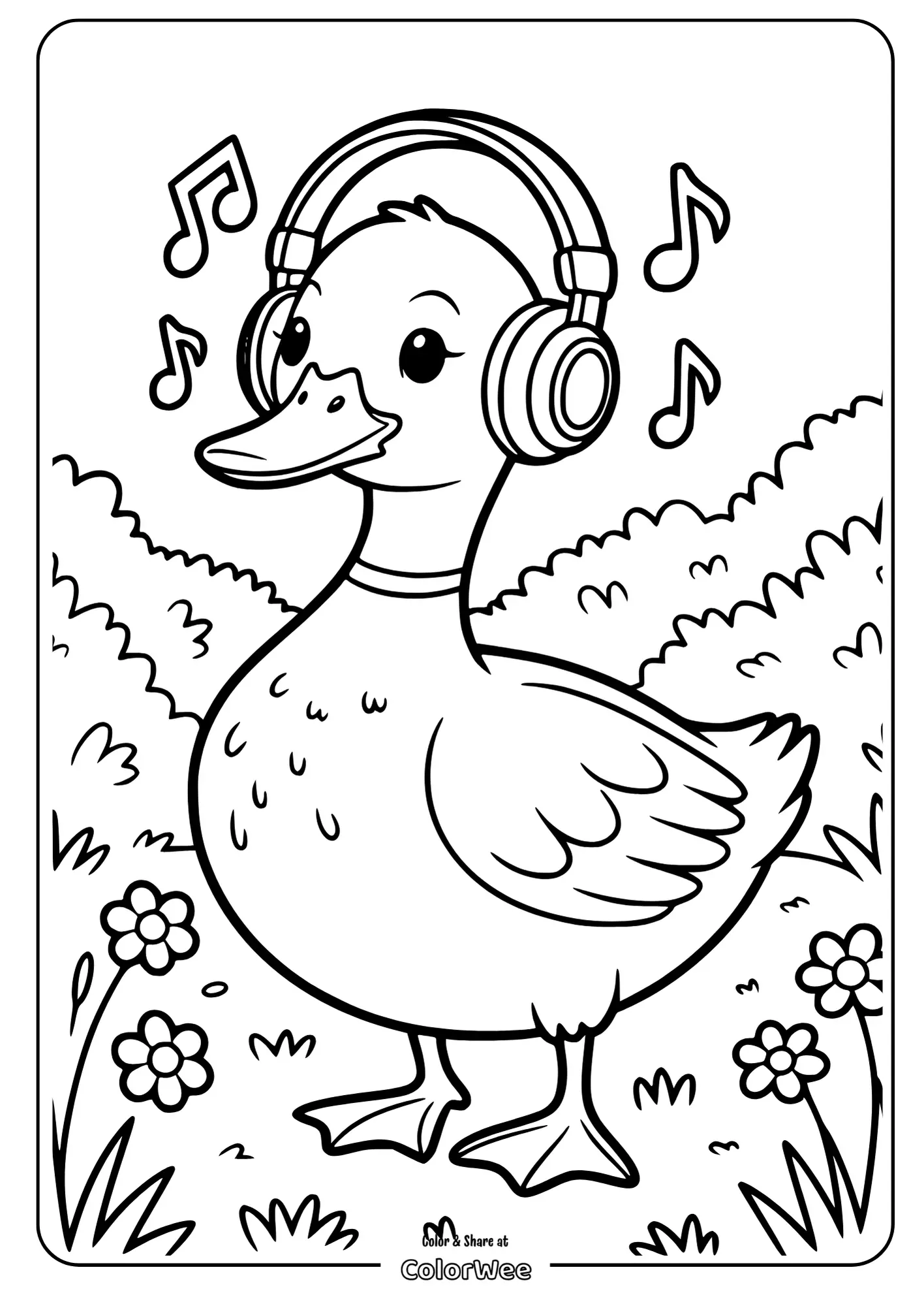 Duck with headphones listening to music in a field coloring page.