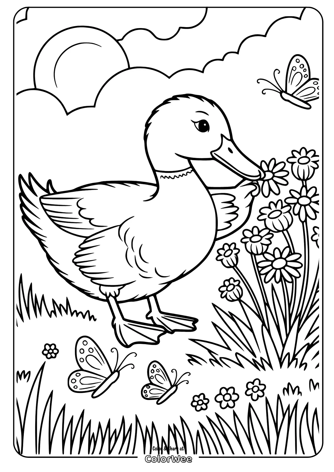 Duck with flowers and butterflies coloring page.