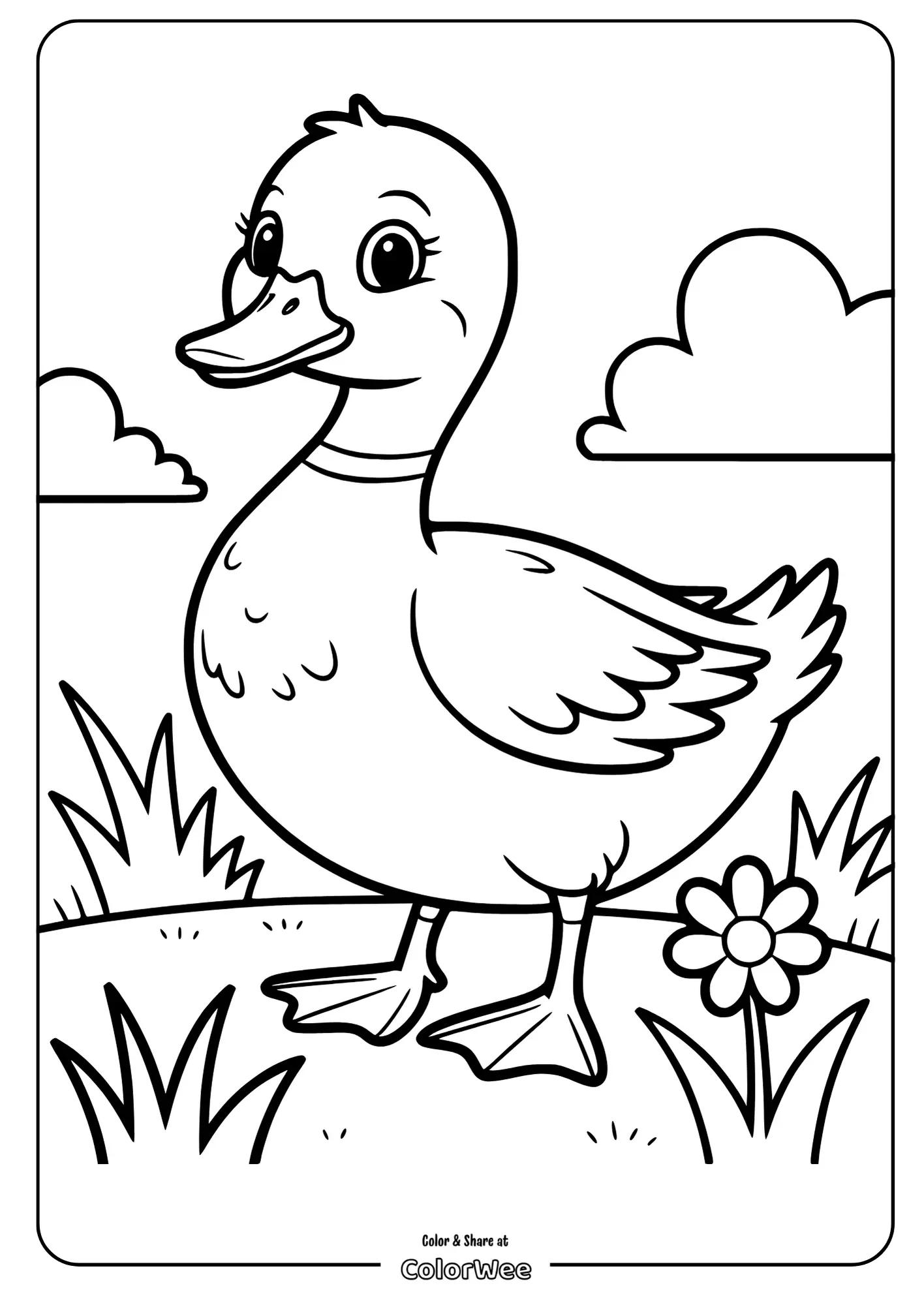 Duck coloring page with grass and flower backdrop.