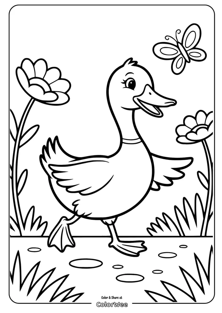 mother duck walking in the garden Duck and butterfly coloring page for kids.