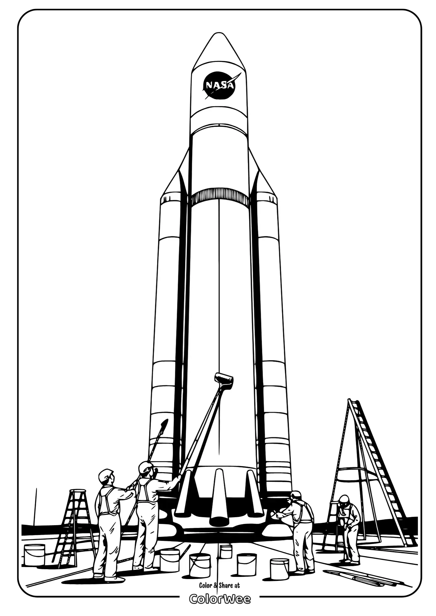 NASA rocket coloring page with astronauts preparing for launch.