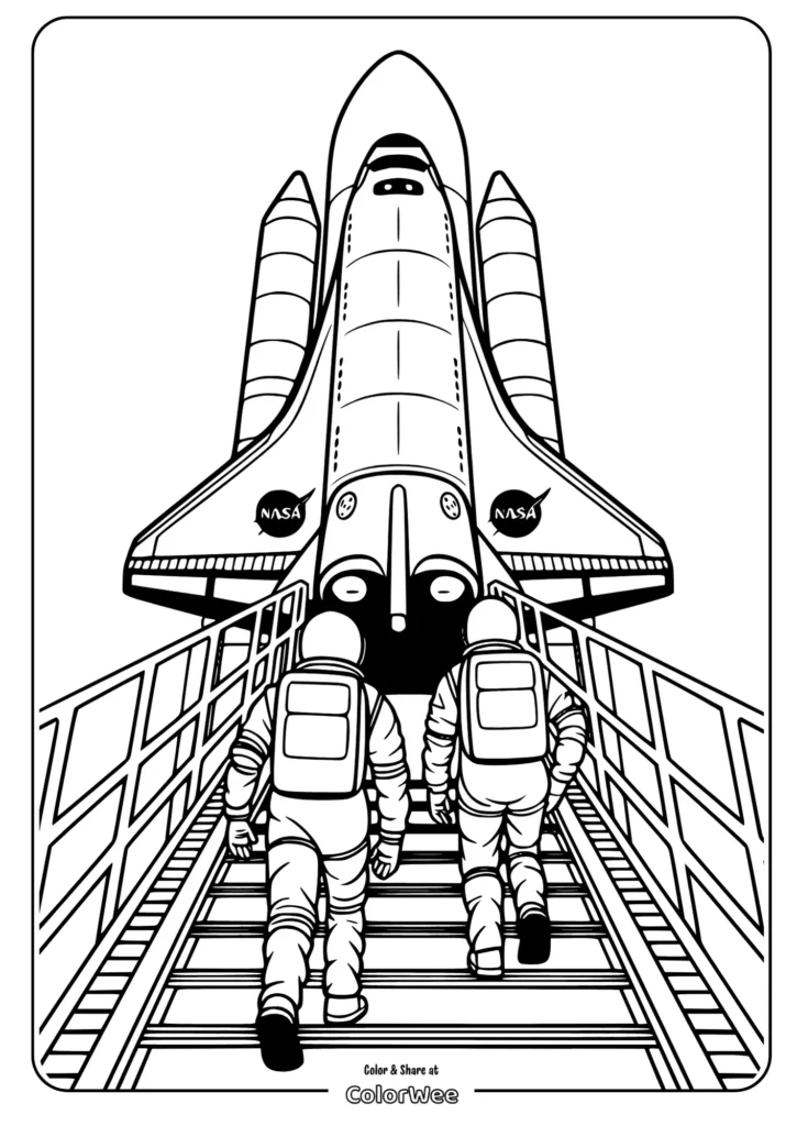 Astronauts approaching space shuttle coloring page.