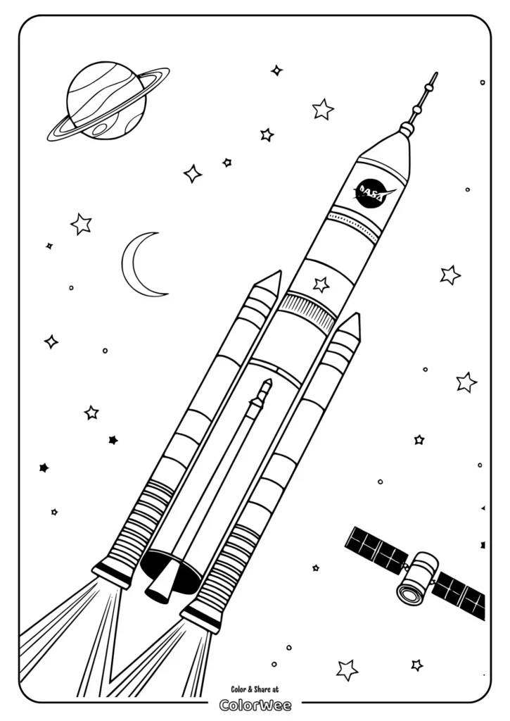 Space rocket coloring page with stars, planet, and moon.