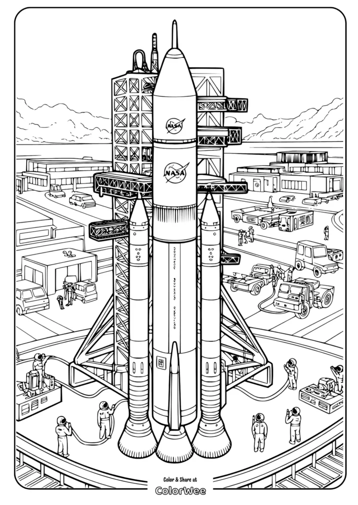 Rocket launch coloring page with astronauts and NASA logo.