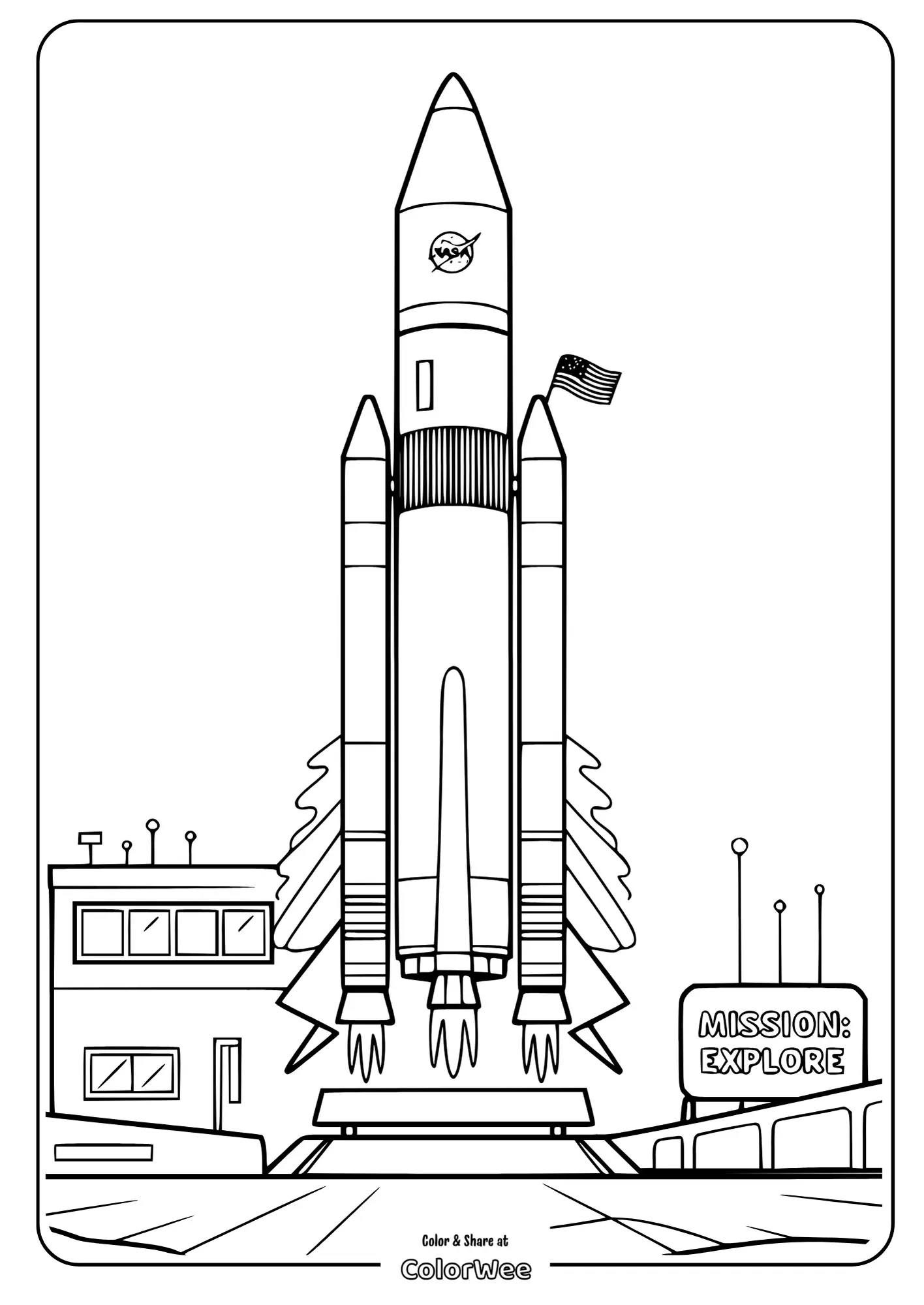 Rocket launch coloring page with Mission: Explore sign.