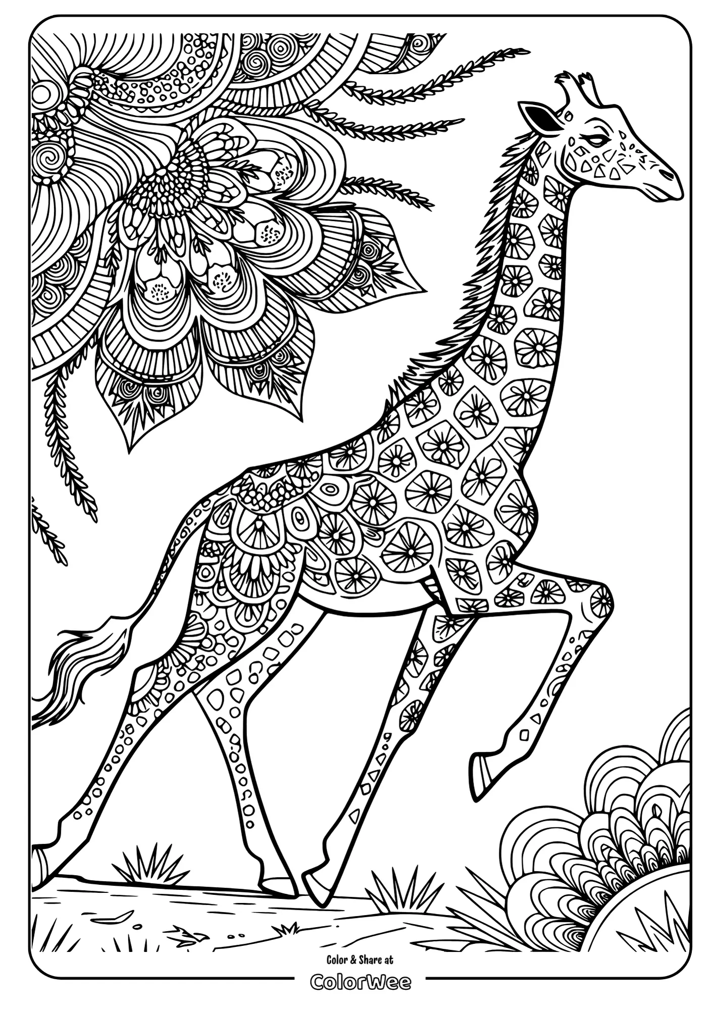 Ornate giraffe coloring page with floral patterns.