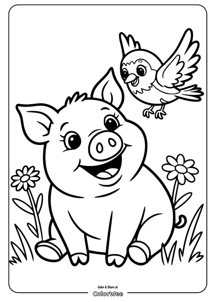 Cute piglet and bird coloring page with flowers.