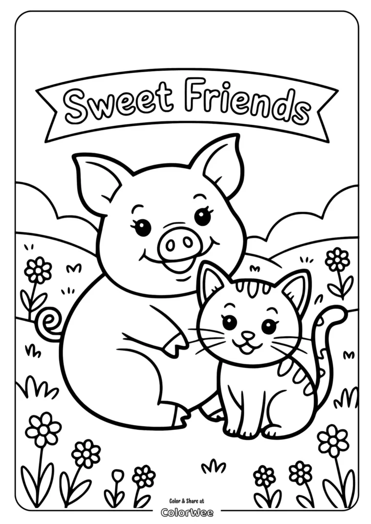 Pig and cat coloring page, Sweet Friends banner, floral background.