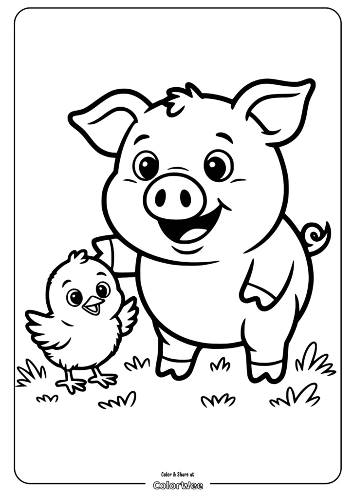 Cute piglet and chick coloring page for kids.