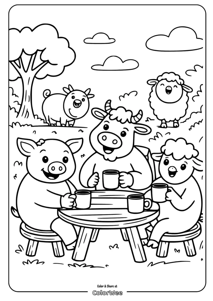 Cute farm animals having a tea party under a tree coloring page.