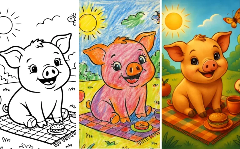 Smiling pig coloring page with picnic scene in a sunny meadow.