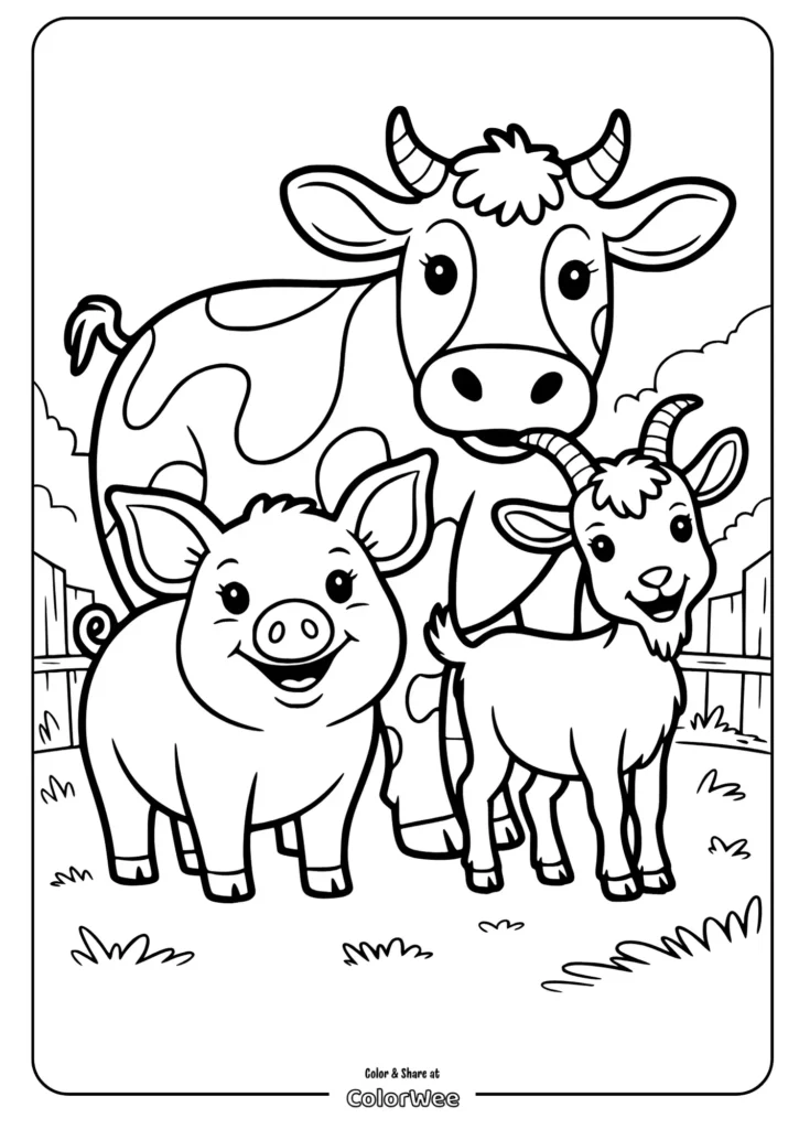 Farm animals coloring page: cow, pig, and goat in a field.