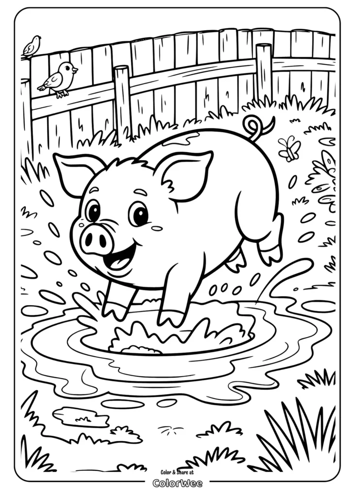 Cute pig splashing in a puddle coloring page.