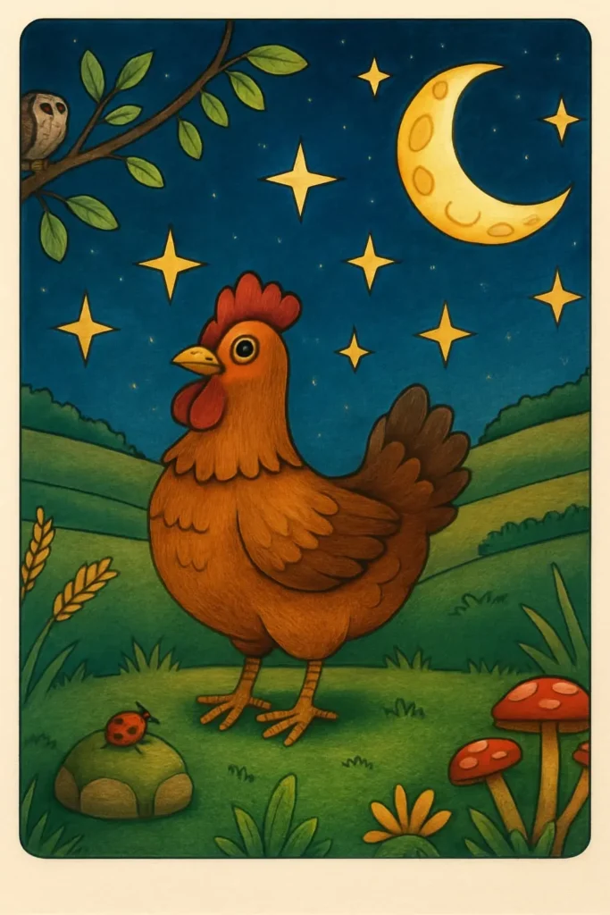 professional chicken Chicken under moonlit sky with stars and owl coloring page.