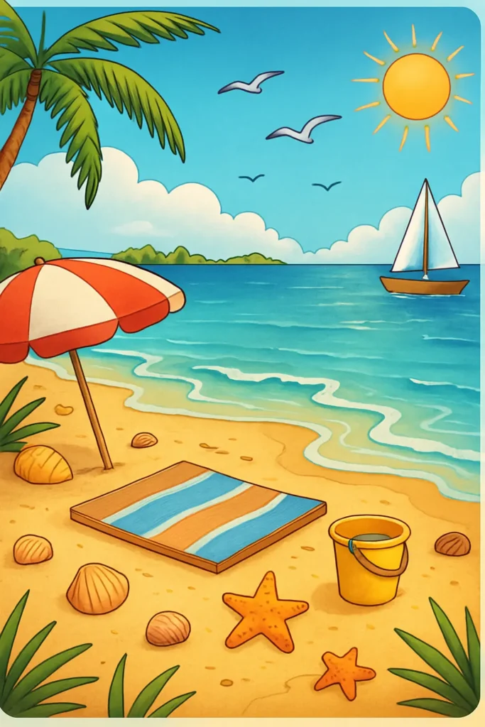 professional colored beach Beach coloring page with umbrella, starfish, and sailboat.