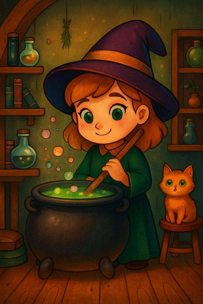 professional colored witch Cute little witch stirring potion with a cat in her cozy home.