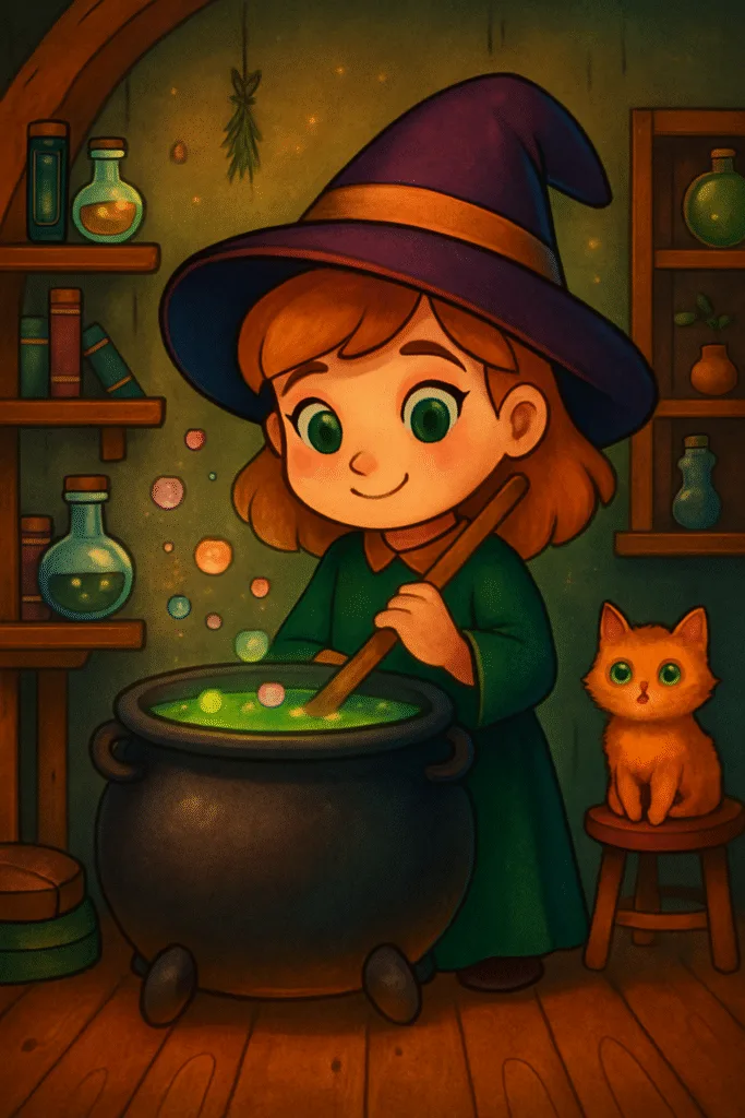 Cute little witch stirring potion with a cat in her cozy home.