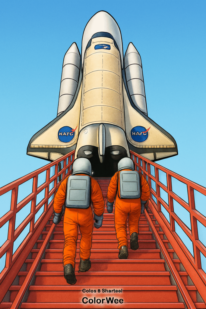 Astronauts boarding space shuttle for launch coloring page.