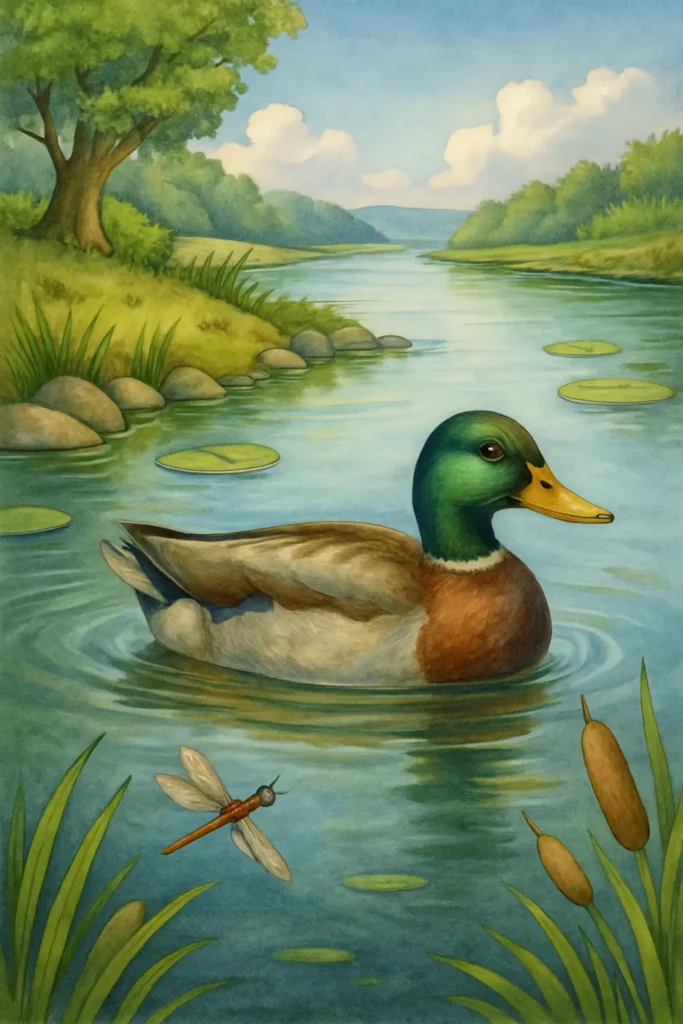 professionally colored duck Duck in a serene pond with dragonfly and scenic background.