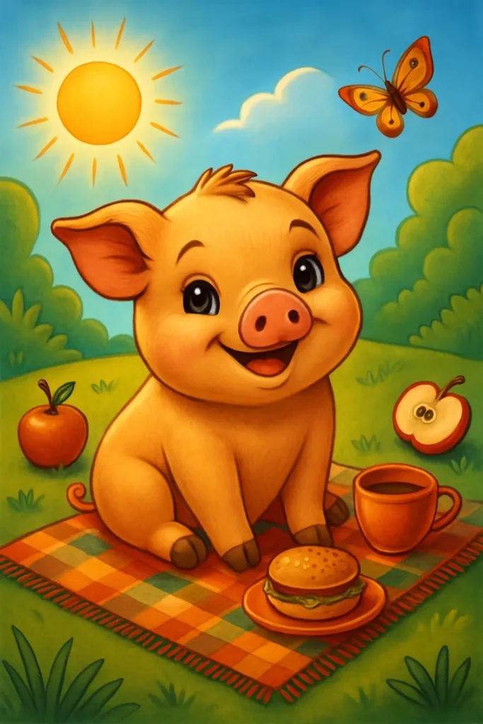 Cute piglet picnic in sunny garden with food and butterfly.