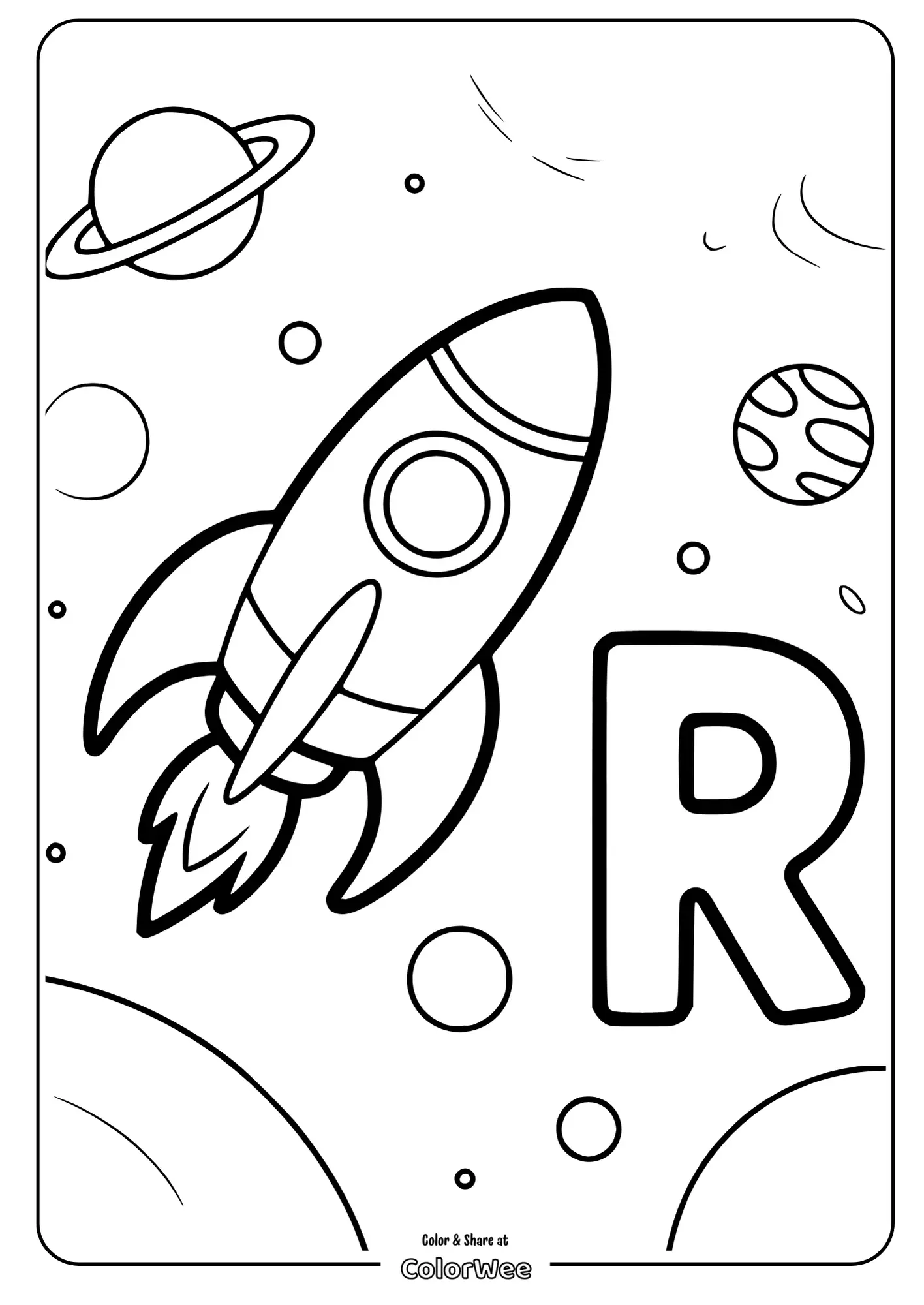 Rocket and planets coloring page for kids.