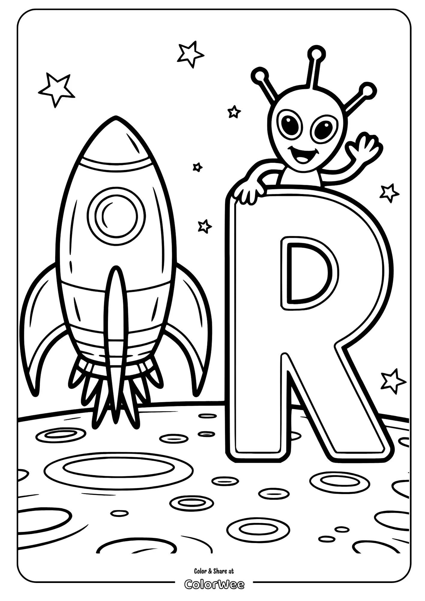 Alien, rocket, and letter R on a moon coloring page.