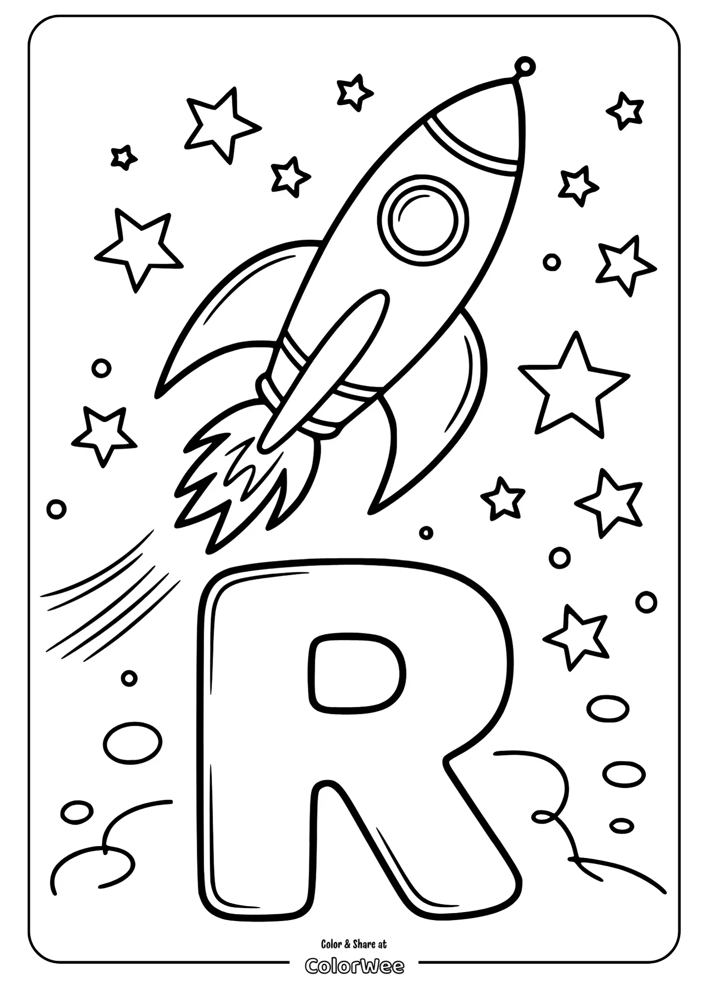 Rocket and stars coloring page with letter R.
