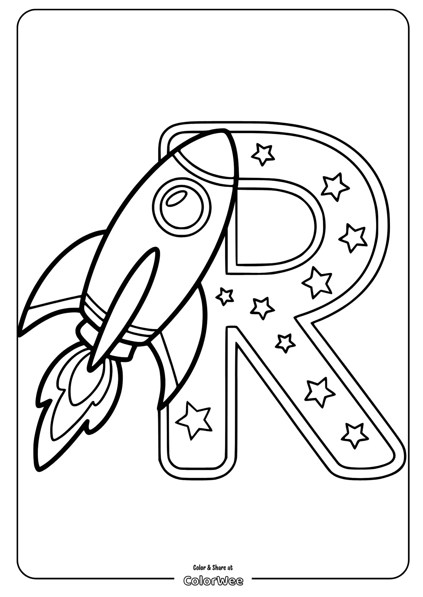 Rocket and letter R coloring page with stars for kids