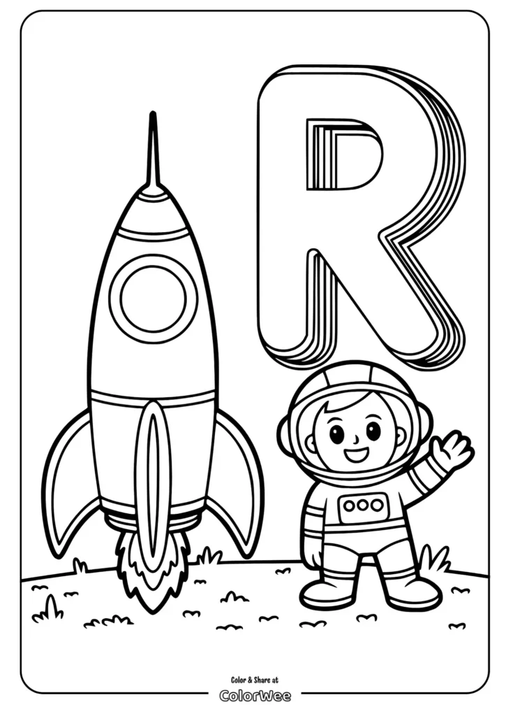 Kids coloring page of astronaut and rocket with the letter R.