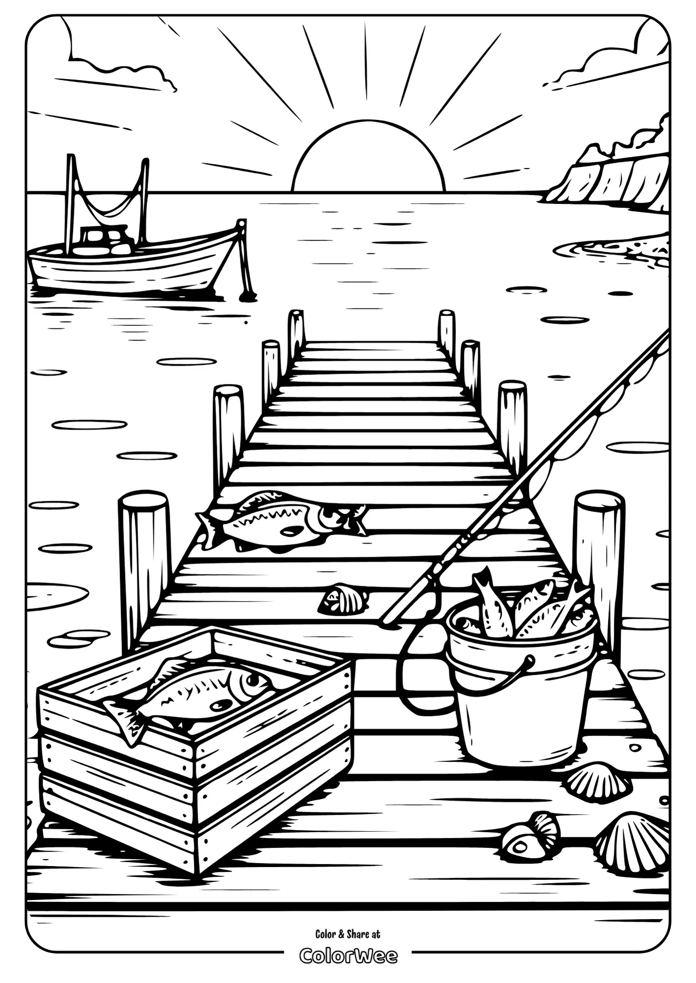 Sunset fishing dock coloring page with boat and fish.