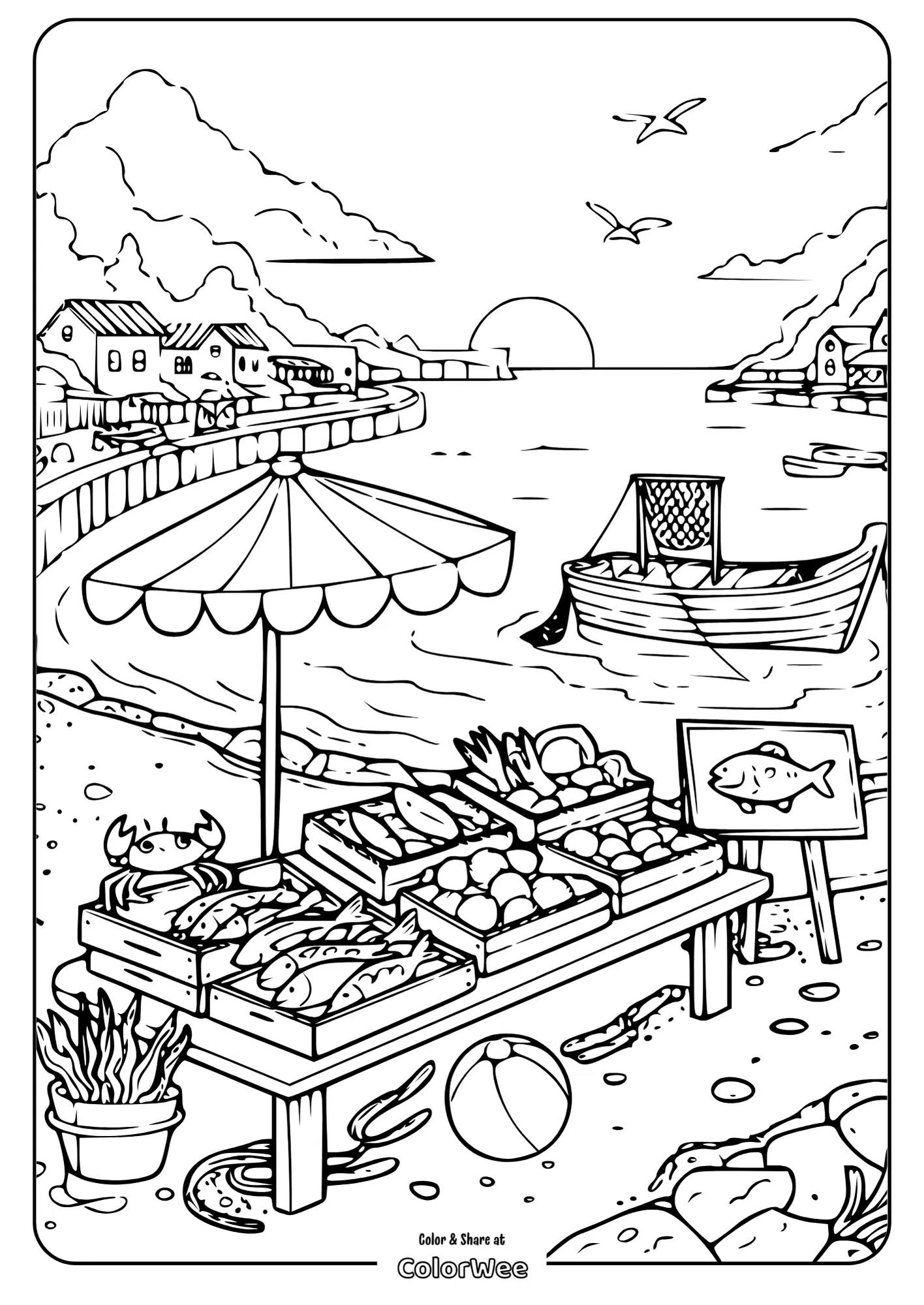 Coastal beach market coloring page with fish, crab, and boats.