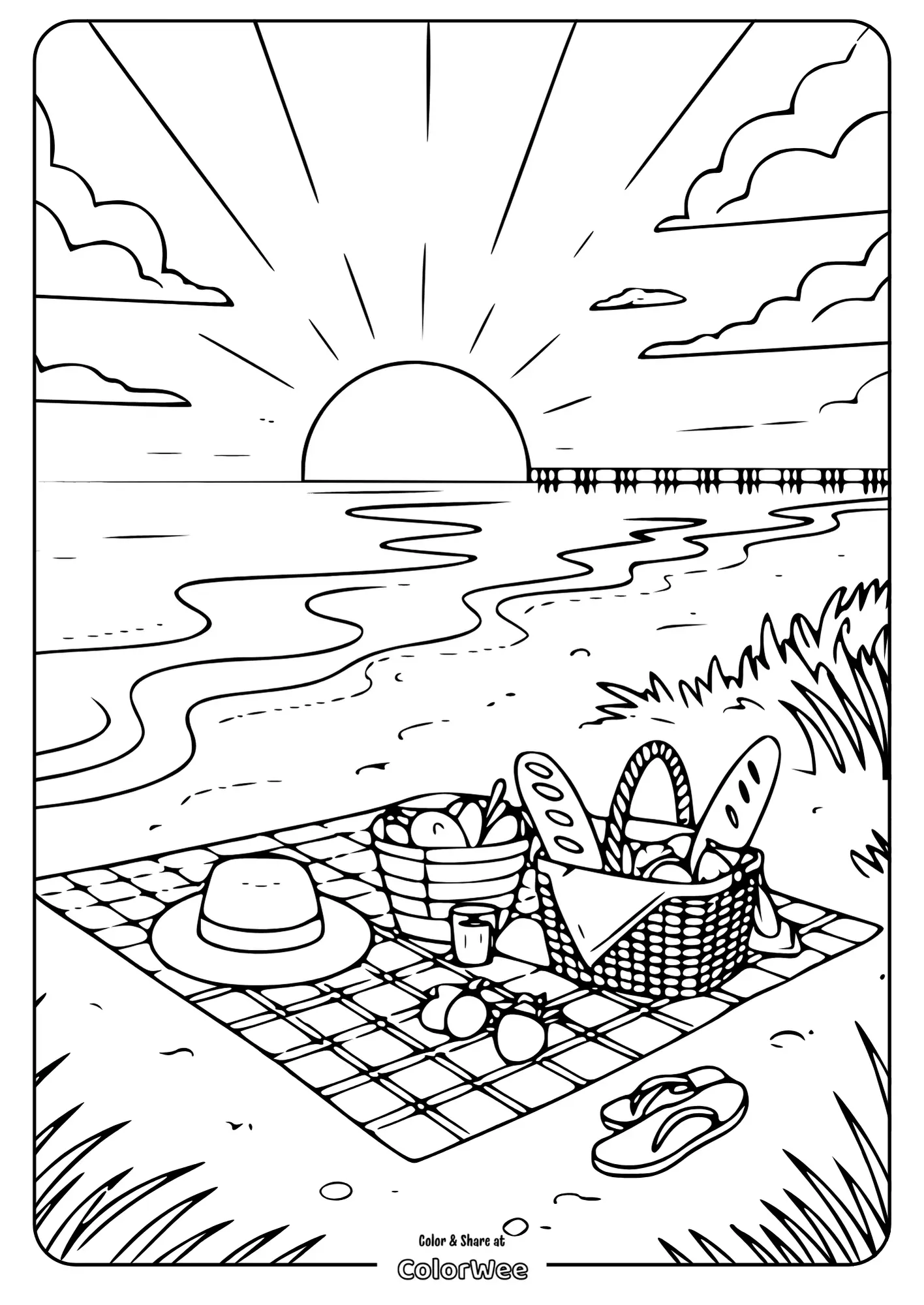 Beach picnic at sunset with baskets and blanket coloring page.