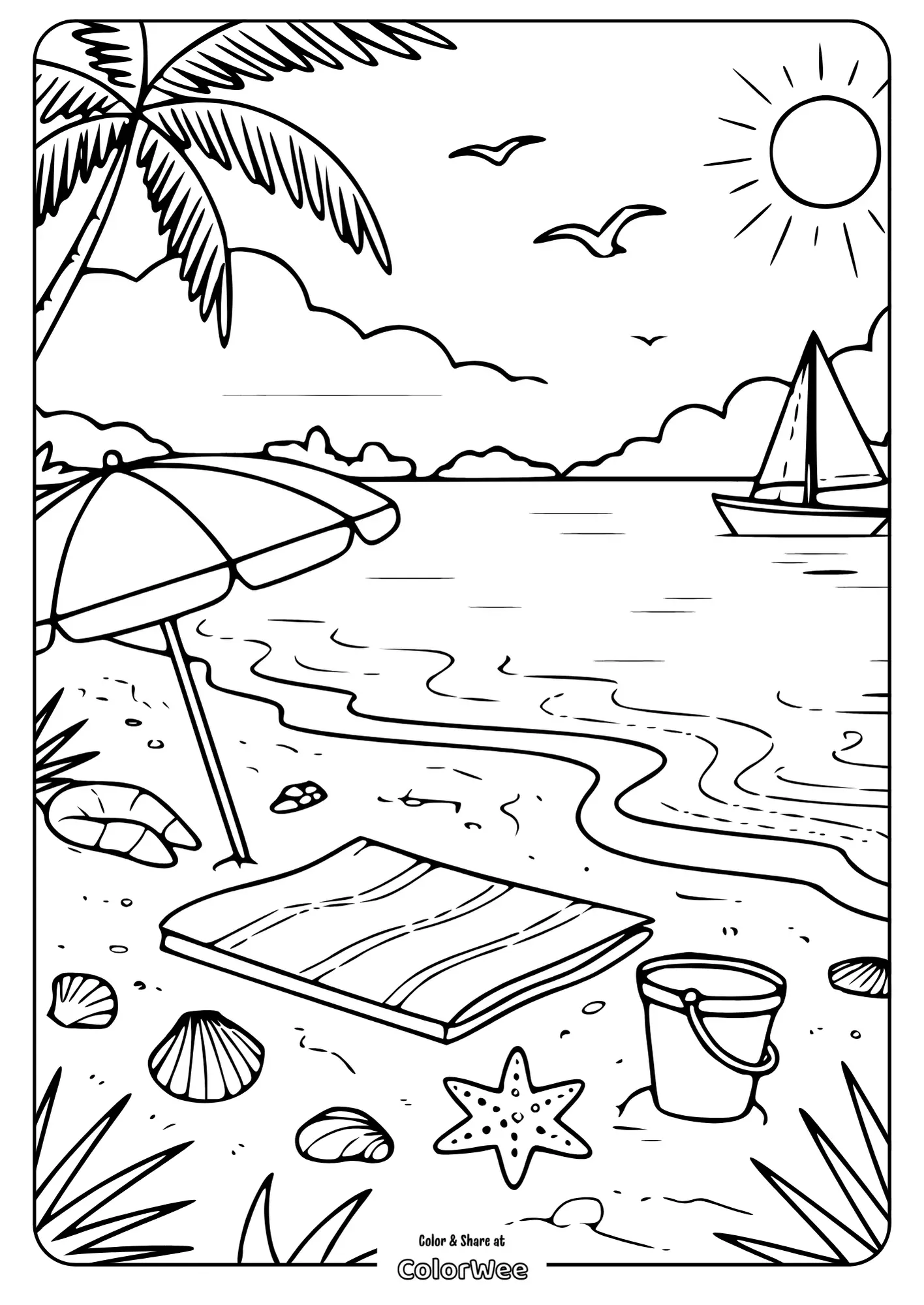 Beach scene coloring page with umbrella and sailboat.